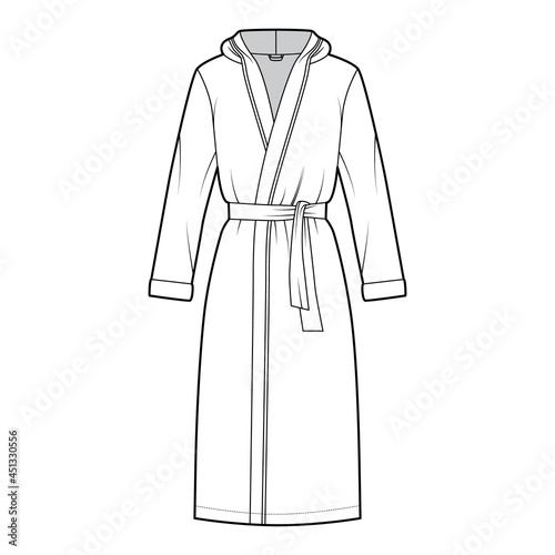 Bathrobes hooded Dressing gown technical fashion illustration with wrap opening, knee length, oversized, tie, long sleeves. Flat garment apparel front, white color. Women, men, unisex CAD mockup