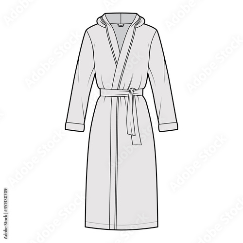 Bathrobes hooded Dressing gown technical fashion illustration with wrap opening, knee length, oversized, tie, long sleeves. Flat garment apparel front, grey color style. Women, men, unisex CAD mockup