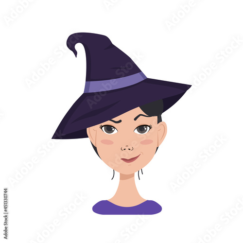 Avatar of asian woman with dark hair, emotions of suspicion, frowning face and pursed lips in a smirk, wearing a witch hat. Halloween character in costume