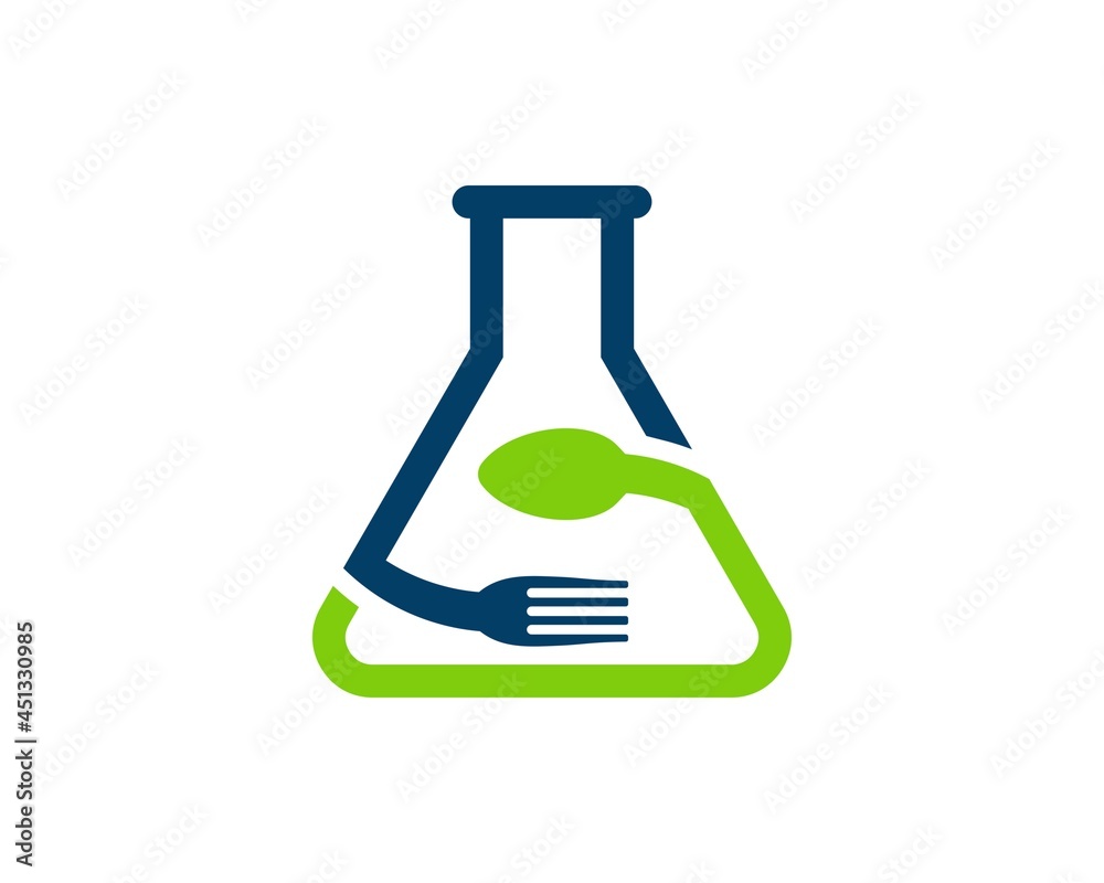 Triangle bottle laboratory with fork and spoon inside Triangle bottle laboratory with fork and spoon inside