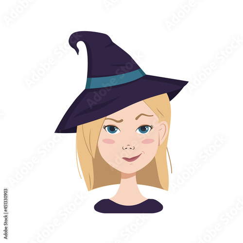 Avatar of a woman with blonde hair and blue eyes, emotions of suspicion, frowning face and pursed lips in a smirk wearing a witch hat. Girl in Halloween costume