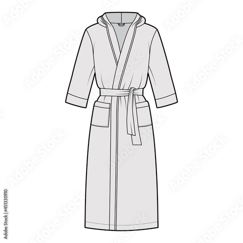 Bathrobes hooded Dressing gown technical fashion illustration with wrap opening, knee length, oversized, tie, pocket, elbow sleeves. Flat garment apparel front, grey color. Women, unisex CAD mockup © Vectoressa