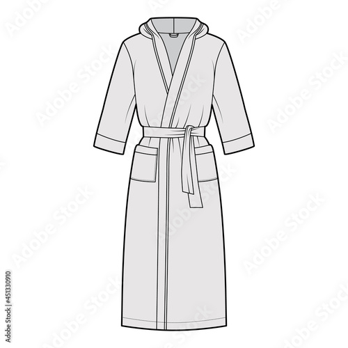 Bathrobes hooded Dressing gown technical fashion illustration with wrap opening, knee length, oversized, tie, pocket, elbow sleeves. Flat garment apparel front, grey color. Women, unisex CAD mockup