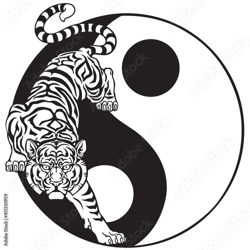 Tiger in the yin yang symbol of harmony and balance. Black and white Tattoo. Graphic style vector illustration 