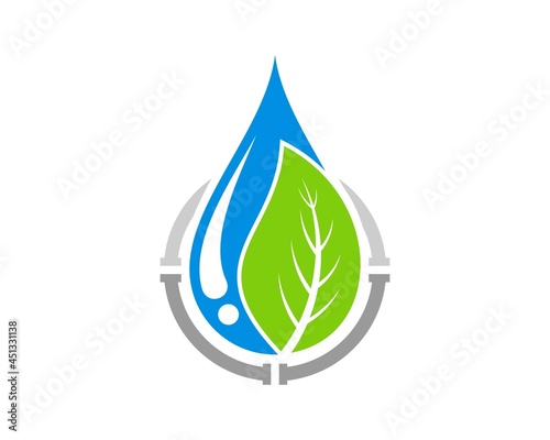 Water drop with nature leaf and circular pipe