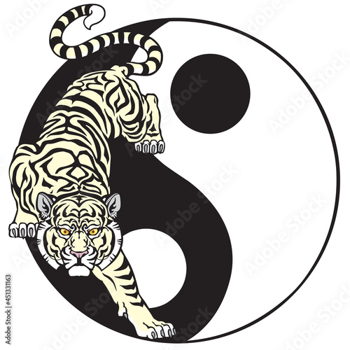 Tiger in the yin yang symbol of harmony and balance. Tattoo. Graphic style vector illustration 