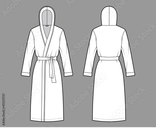 Bathrobes hooded Dressing gown technical fashion illustration with wrap opening, knee length, oversized, tie, long sleeves. Flat garment apparel front, back, white color. Women, men, unisex CAD mockup