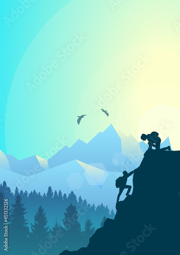 Man and woman climbing mountain. Teamwork. Travel concept of discovering, exploring, observing nature. Hiking tourism. Adventure. Minimalist graphic flyer. Polygonal flat design illustration