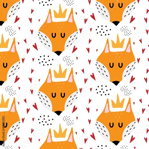 Children s hand-drawn seamless pattern with red fox. Pattern with a fox in a crown and hearts. Pattern for cards  prints  wrapping paper  fabrics. A repeating pattern.