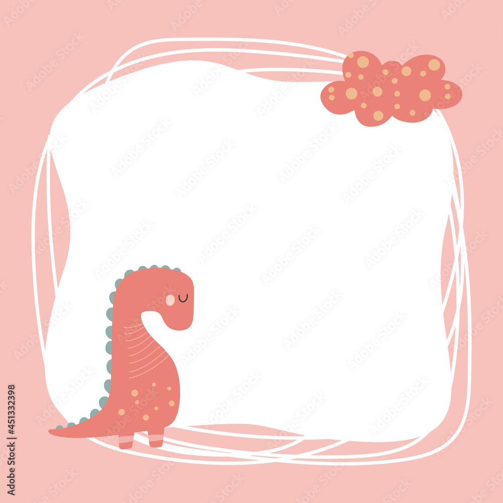 Cute dinosaur with a blot frame in simple cartoon hand-drawn style. Template for your text or photo. Ideal for cards, invitations, party, kindergarten, preschool and children Cute dinosaur with a blot frame in simple cartoon hand-drawn style. Template for your text or photo. Ideal for cards, invitations, party, kindergarten, preschool and children