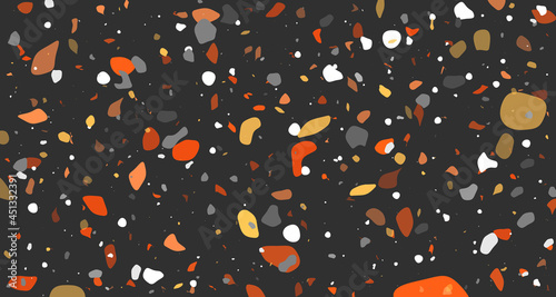 Venetian terrazzo seamless stone fragments pattern in yellow orange black color. Modern minimalistic trendy floor tile abstract background