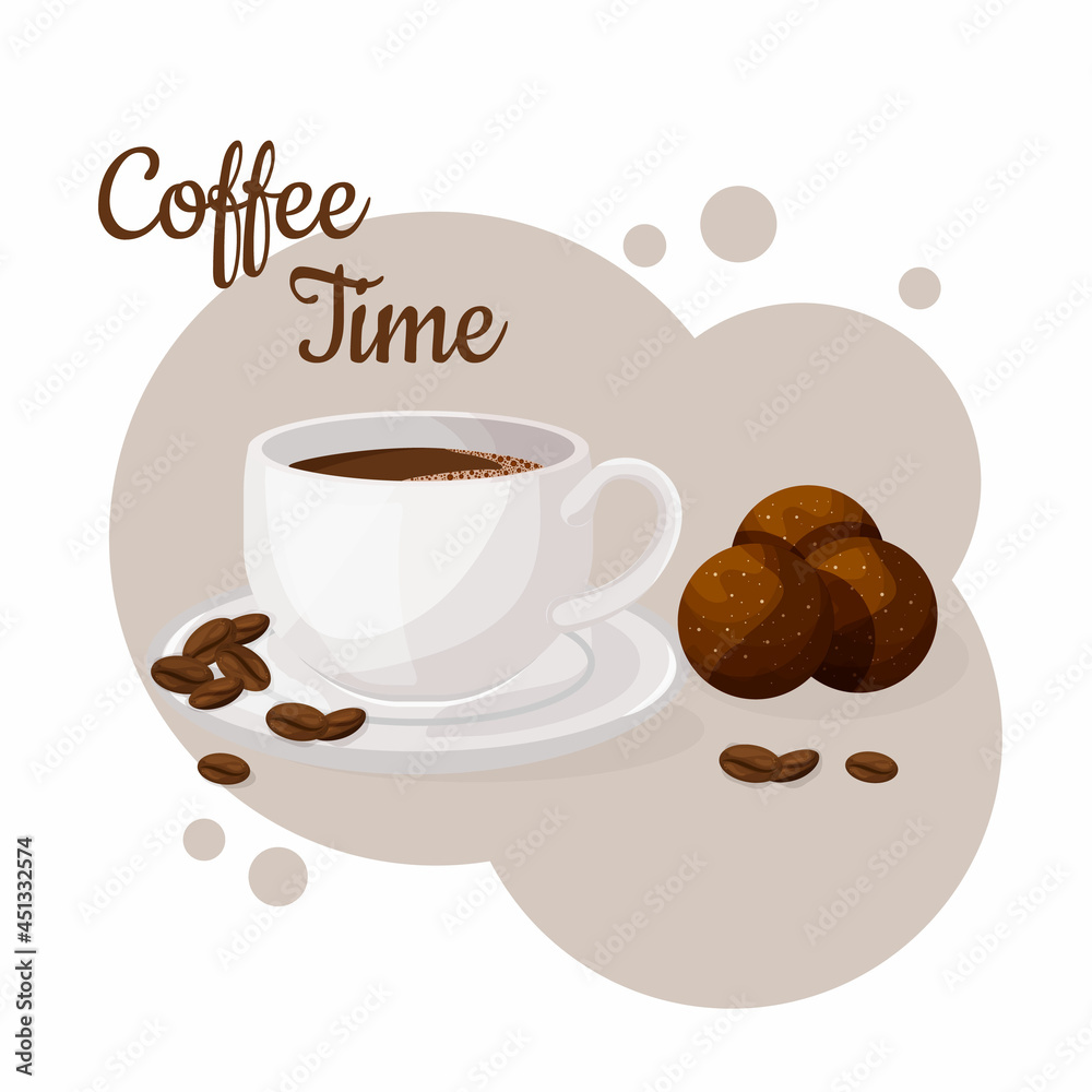 Obraz premium Cup of coffee and chokladboll. Coffee time concept. Isolated hand drawn vector illustration of cute breakfast food. 