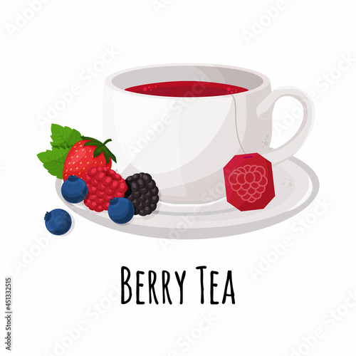 Cup of red tea on a plate with wild berries and mint leafs. Berry tea. Raspberry, strawberry, blueberry, blackberry and peppermint. Vector illustration isolated on white background.