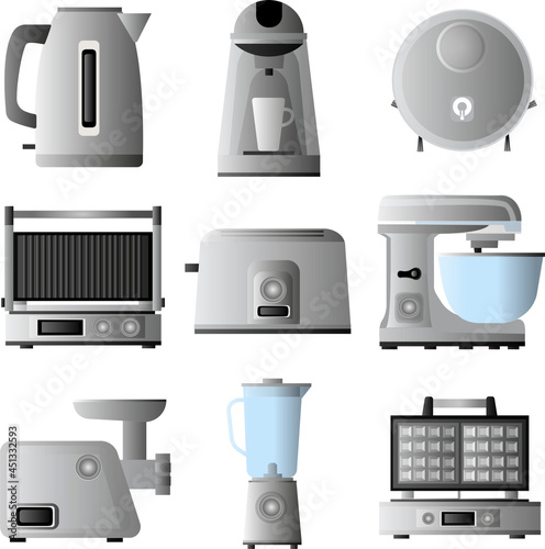 Electrical equipment for the kitchen. Slow cooker, toaster, blender, mixer, waffle iron, grill, coffee maker, kettle.