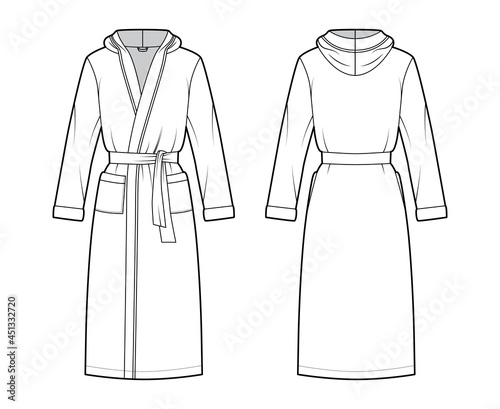 Bathrobes hooded Dressing gown technical fashion illustration with wrap opening, knee length, tie, pocket, long sleeves. Flat garment apparel front, back, white color. Women, men, unisex CAD mockup