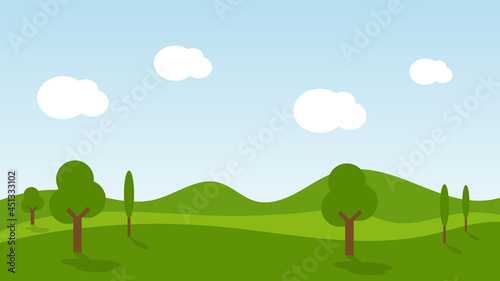 landscape cartoon scene with trees, green grass on hill and white cloud in summer blue sky background