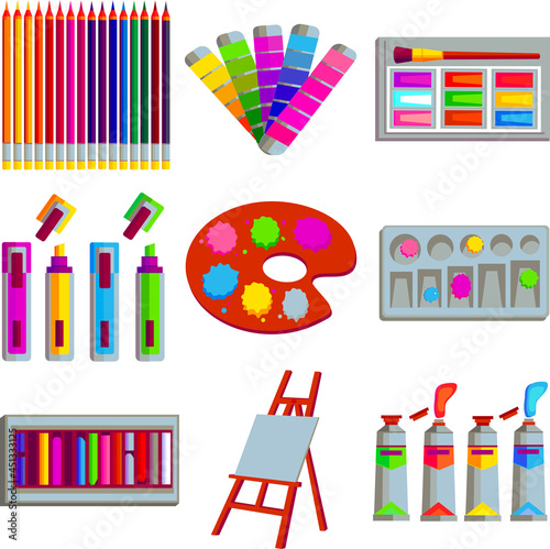 Easel brush and paints, colorful paints, oil and gouache, palettes, markers,crayons. Art tools or equipment