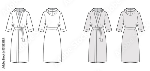 Bathrobes hooded Dressing gown technical fashion illustration with wrap opening, knee length, oversized, tie, elbow sleeves. Flat garment apparel front, back, white grey color. Women, men, CAD mockup