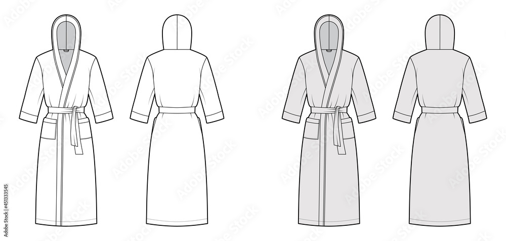 Bathrobes hooded Dressing gown technical fashion illustration with wrap opening, knee length, pocket, elbow sleeves. Flat garment apparel front, back, white grey color. Women, men, unisex CAD mockup