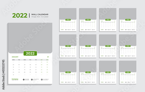 Wall calendar template for 2022 year. Set of 12 months. 2022. Week starts on monday.Print ready editable calender. Planner design.