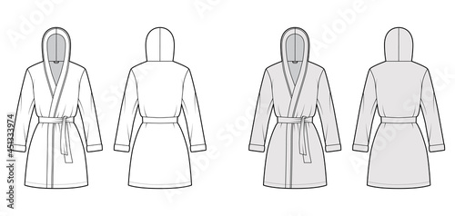 Hooded Bathrobe Dressing gown technical fashion illustration with wrap opening, mini length, oversized, tie, long sleeves. Flat garment front, back, white grey color style. Women, unisex CAD mockup