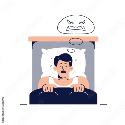 Nightmare vector illustration. Frightened man character has a bad dream, is scared of monster from nightmare. Sleeping disorder, insomnia, adult nightmares, bad dream concept for web.Flat design