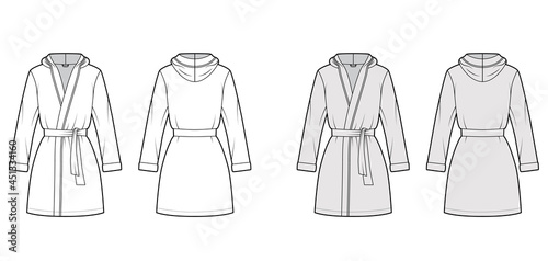 Hooded Bathrobe Dressing gown technical fashion illustration with wrap opening, mini length, oversized, tie, long sleeves. Flat garment front, back, white grey color style. Women, men, unisex mockup