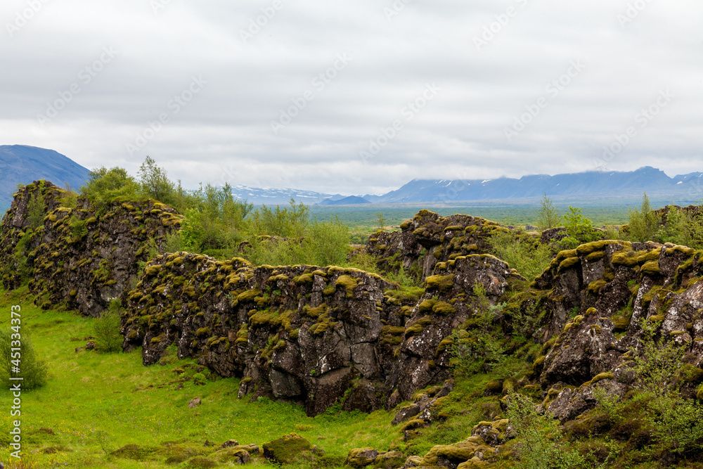 Landscape panorama on rocks and moss in Pingvellir Thingvellir Park in Iceland