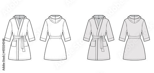 Bathrobe hooded Dressing gown technical fashion illustration with wrap opening, mini length, oversized, tie, pocket, elbow sleeves. Flat front, back white grey color style. Women men unisex CAD mockup