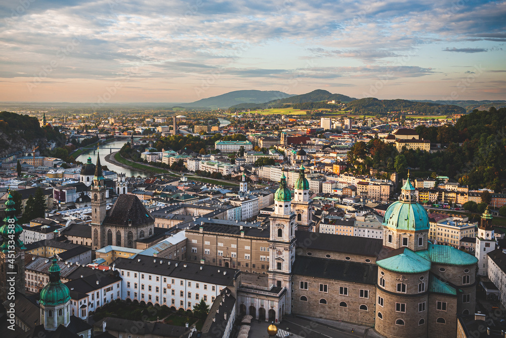 Obraz premium Salzburg Austria and the Danube River at sunset from Honensalzburg fortress