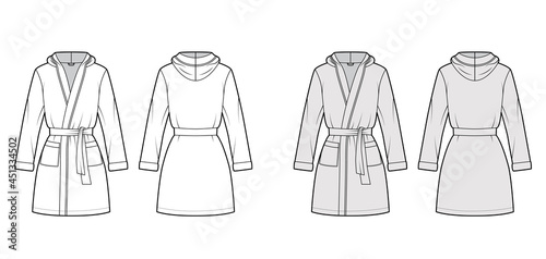 Hooded Bathrobe Dressing gown technical fashion illustration with wrap opening, mini length, tie, pocket, long sleeves. Flat garment front, back, white grey color style. Women, men, unisex CAD mockup