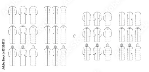 Set of Down coats vests puffer waistcoat technical fashion illustration with pouch, stand hoody collar, pockets, wide quilting. Flat template front, back, white color. Women, men unisex top CAD mockup