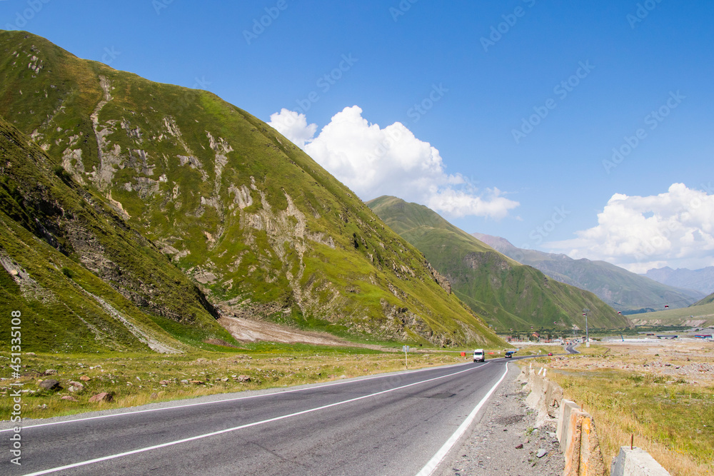 Fototapeta premium Highway and road landscape and view in Khazbegi, Georgia