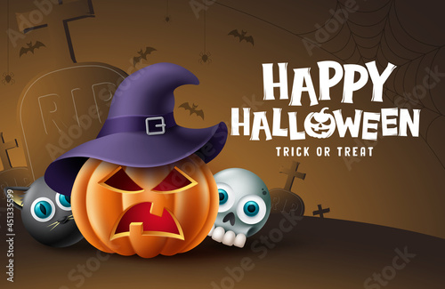 Happy halloween cemetery background design. Halloween trick or treat text with pumpkin, skull and cat scary character in grave yard background. Vector illustration