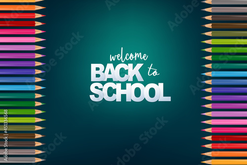School banner. Coloring pencils on blue background. Realistic 3d vector illustration.