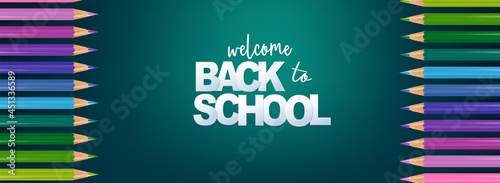 School banner or header. Coloring pencils on blue background with lettering. Realistic 3d vector illustration.