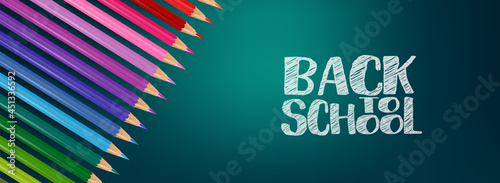 School banner or header. Coloring pencils on blue background with lettering. Realistic 3d vector illustration.