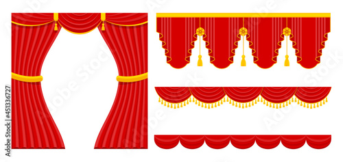 Curtains with lambrequins on the stage of the theater, concert hall.