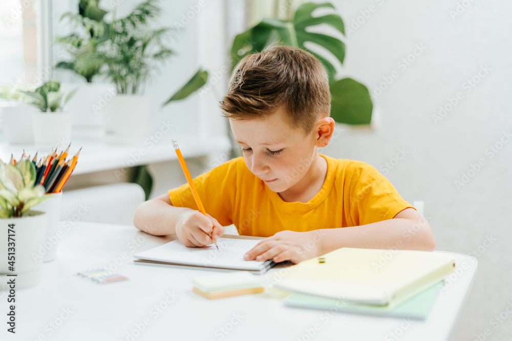Distance learning online education. Caucasian smile kid boy studying at home with book, writing in notepad and doing school homework. Thinking child siting at table with notebook. Back to school. Distance learning online education. Caucasian smile kid boy studying at home with book, writing in notepad and doing school homework. Thinking child siting at table with notebook. Back to school.