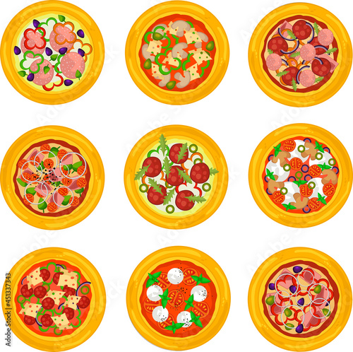 A pizza set with a base and fillings. 9 types of pizza with different fillings.