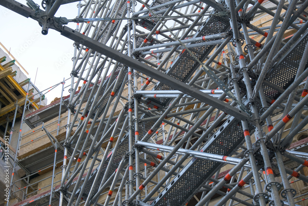 Metal scaffolding on a city building