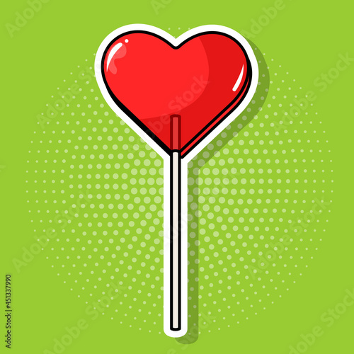 Sticker candy heart, lolipop, Icon on Pop Art, retro vintage background, Trendy color illustration	