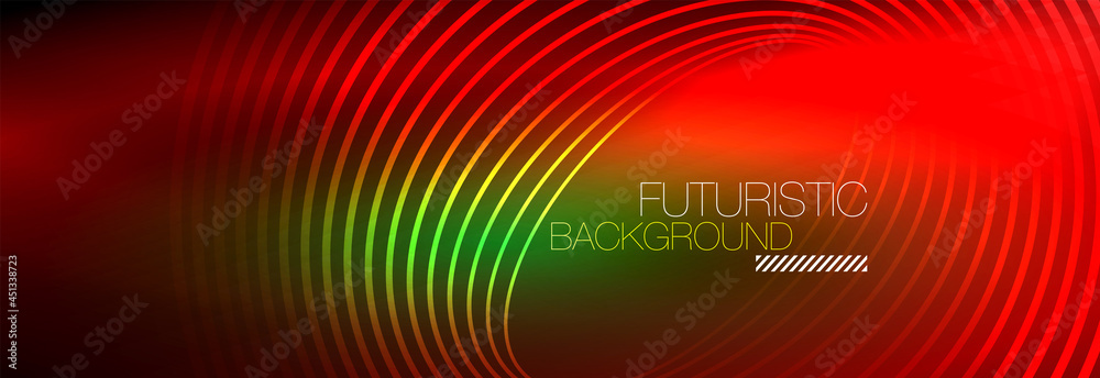 Dark abstract background with glowing neon circles. Trendy layout template for business or technology presentation, internet poster or web brochure cover, wallpaper