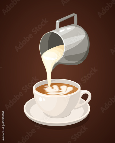 Milk jug pouring cream foam in cappuccino cup, coffee poster. Vector cartoon background illustration for bar or cafe.