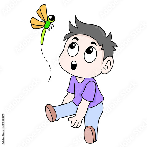 boy kid is sitting admiring nature insects flying dragonflies, doodle icon image kawaii