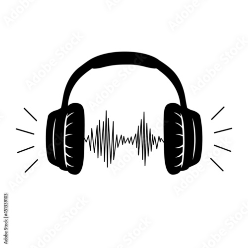 Headphones, headset with music playing loud monochrome sketch outline vector line art. Device, stereo audio accessory with sound wave