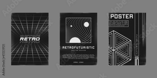 Set of retrofuturistic design posters. Cyberpunk 80s style posters with perspective grids, black hole tunnel, and hexagon shapes. Shabby scratched flyer template for your design. Vector