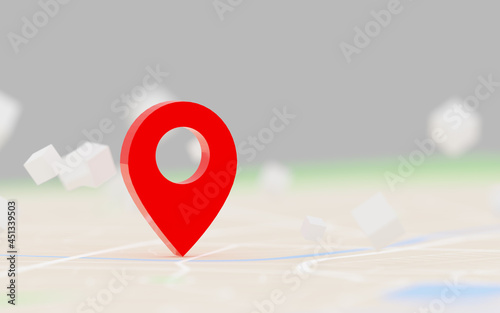 3D Rendering red GPS pinpoint of destination on the map, for navigator and route for travel concept, select focus shallow depth of field