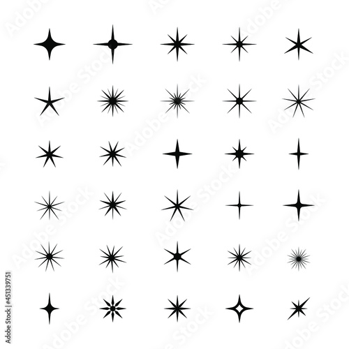 Sparkles, stars and bursts icons, twinkling stars. Glowing light effect star. Sparkles, shining burst. Christmas vector symbols isolated.