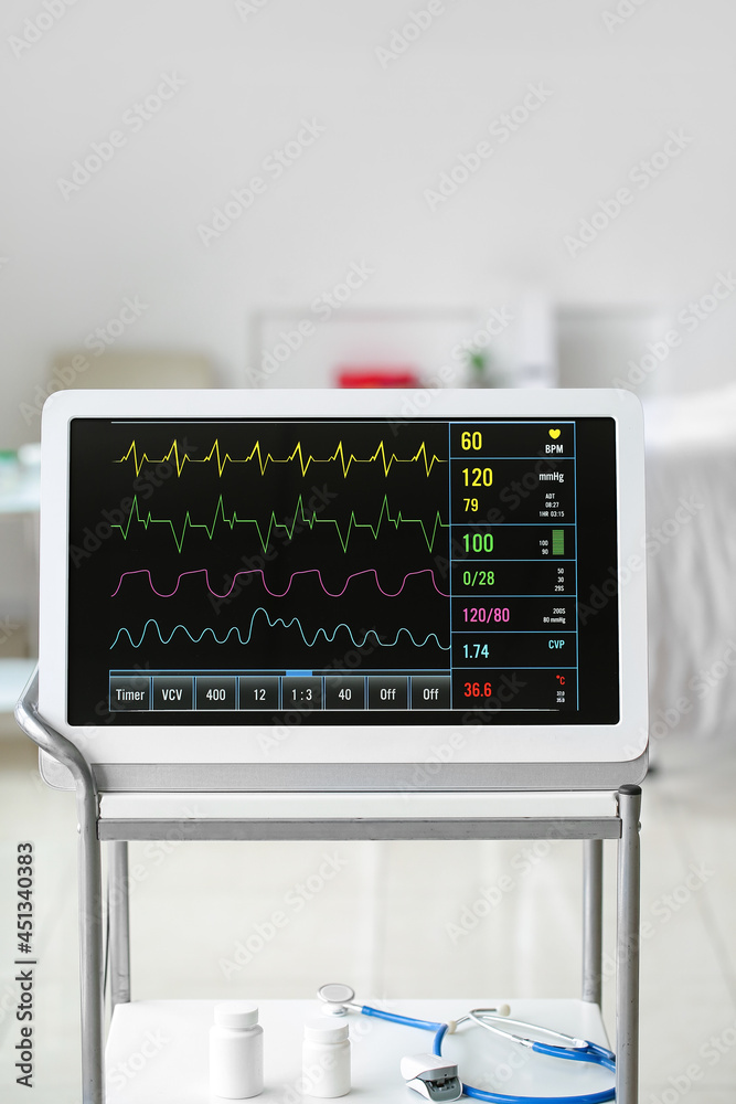 Heart rate monitor on table in clinic Heart rate monitor on table in clinic